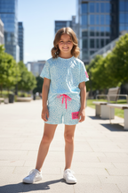 Meisjes set lichtblauw luipaardprint kindmodel stadspark