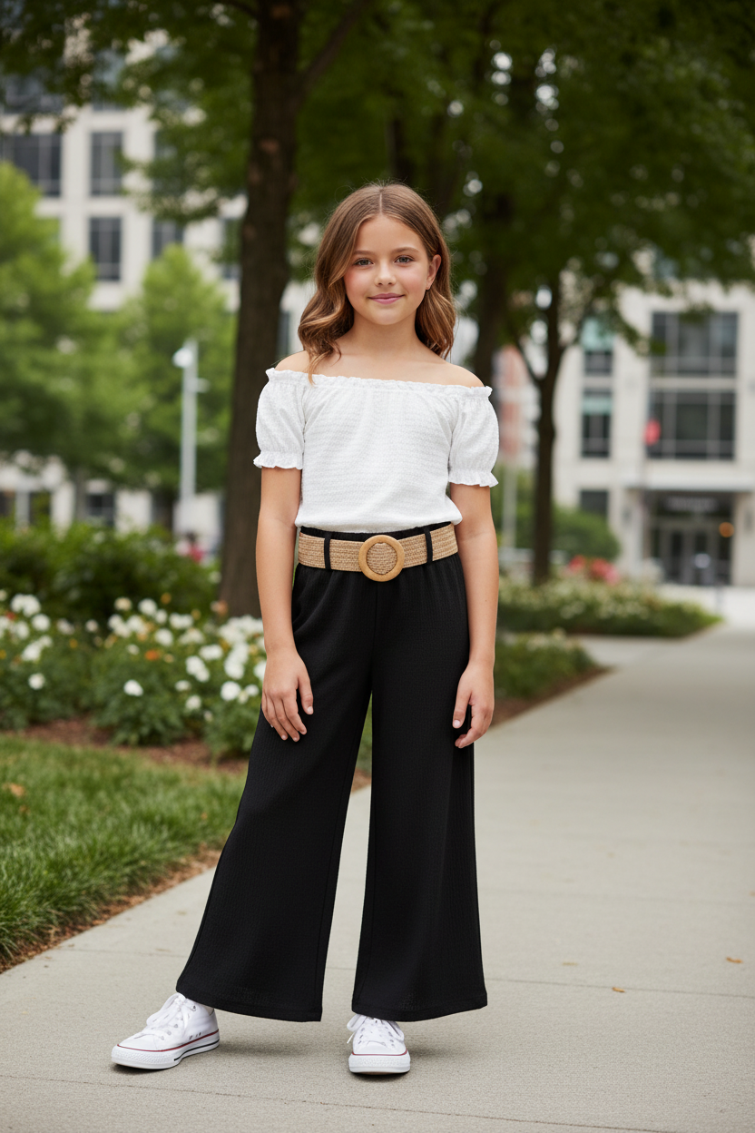 Meisjes zomerset zwart-wit lange broek vloerlang kindmodel stadspark