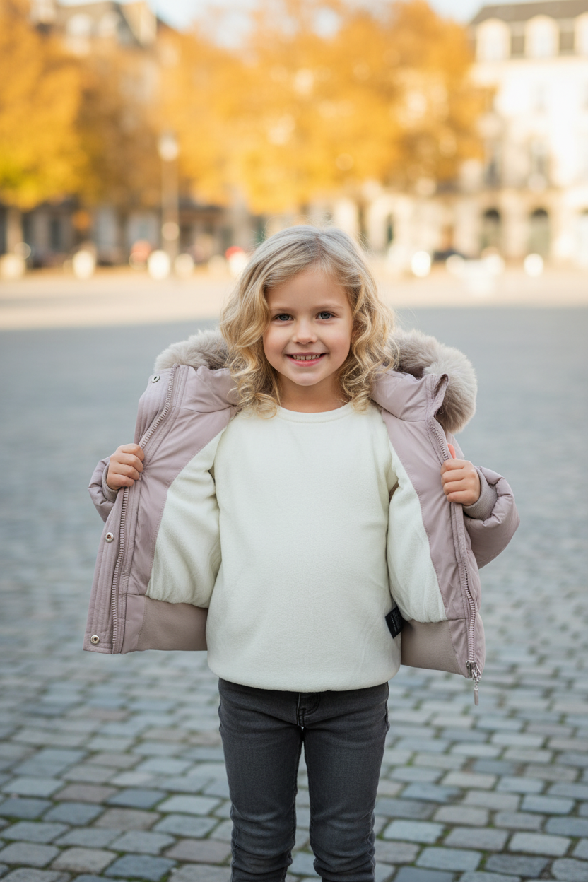 Mila 2-in-1 gewatteerde winterjas beige meisjes binnenkant witte fleece voering zichtbaar