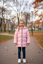 Meisje van 9 jaar draagt roze gewatteerde winterjas met capuchon in een stadspark