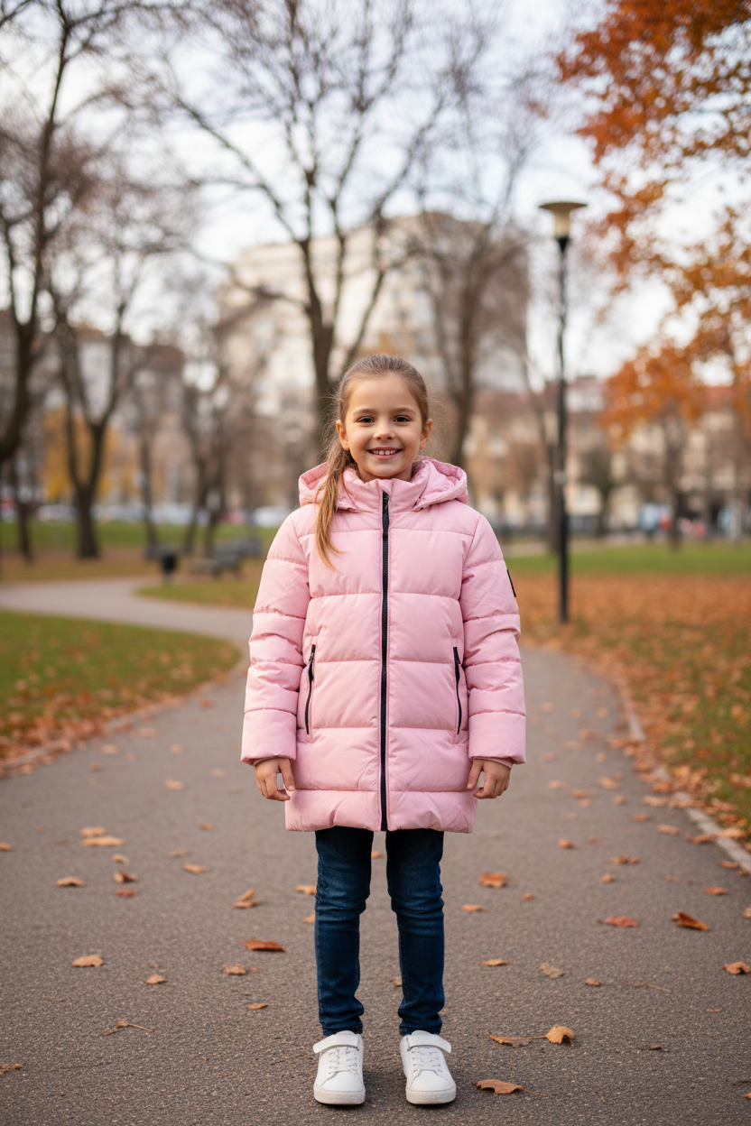 Meisje van 9 jaar draagt roze gewatteerde winterjas met capuchon in een stadspark