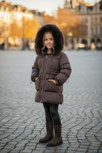Sophia Luxe gewatteerde winterjas donkerbruin meisjes capuchon op