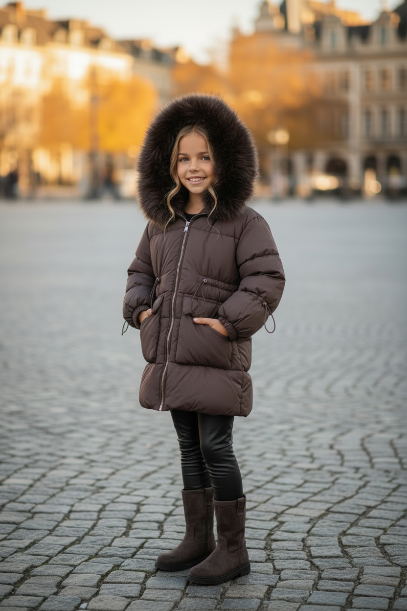 Sophia Luxe gewatteerde winterjas donkerbruin meisjes capuchon op
