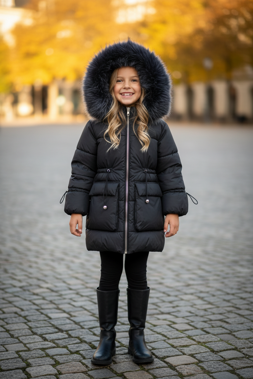 Sophia Luxe gewatteerde winterjas zwart meisjes donkere imitatiebont capuchon op