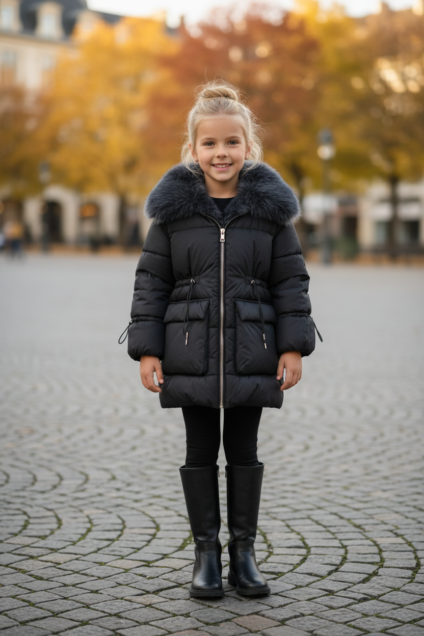 Sophia Luxe gewatteerde winterjas zwart meisjes met donkere imitatiebont capuchon voorzijde