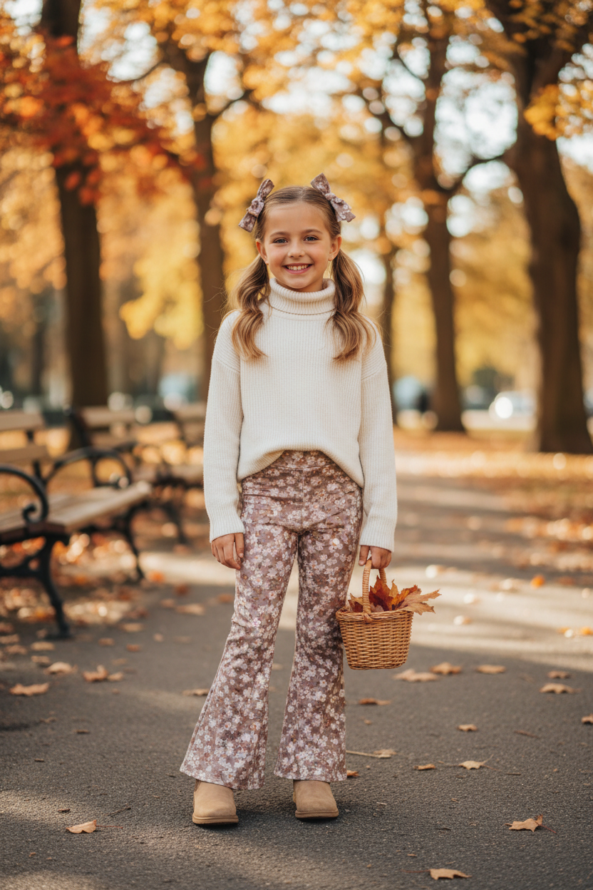 Taupe flared broek met madeliefjes print meisjes stadspark