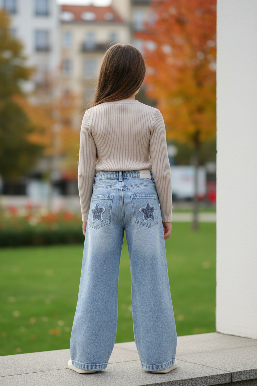 Wide leg jeans achterkant ster patches meisjes stadspark